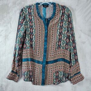 Tolani‎ Silk Blouse Aztec Print Long Sleeve Button Down Top Size S Career Office